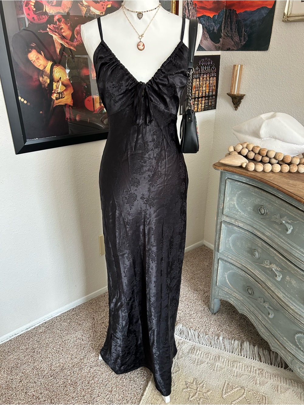 90s Y2k Whimsigoth Black Slip Dress Size S Sweetheart Floral Witchy Grunge Goth